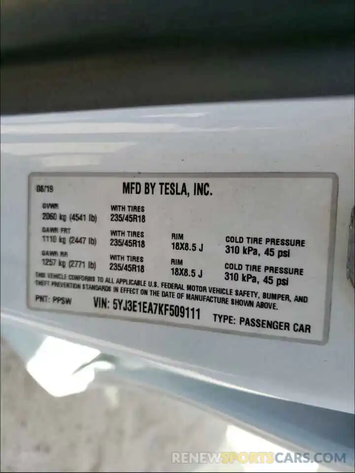 10 Photograph of a damaged car 5YJ3E1EA7KF509111 TESLA MODEL 3 2019