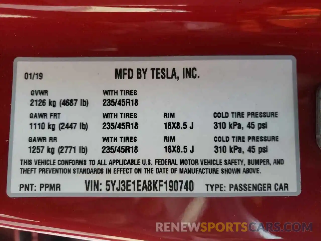 10 Фотография поврежденного автомобиля 5YJ3E1EA8KF190740 TESLA MODEL 3 2019