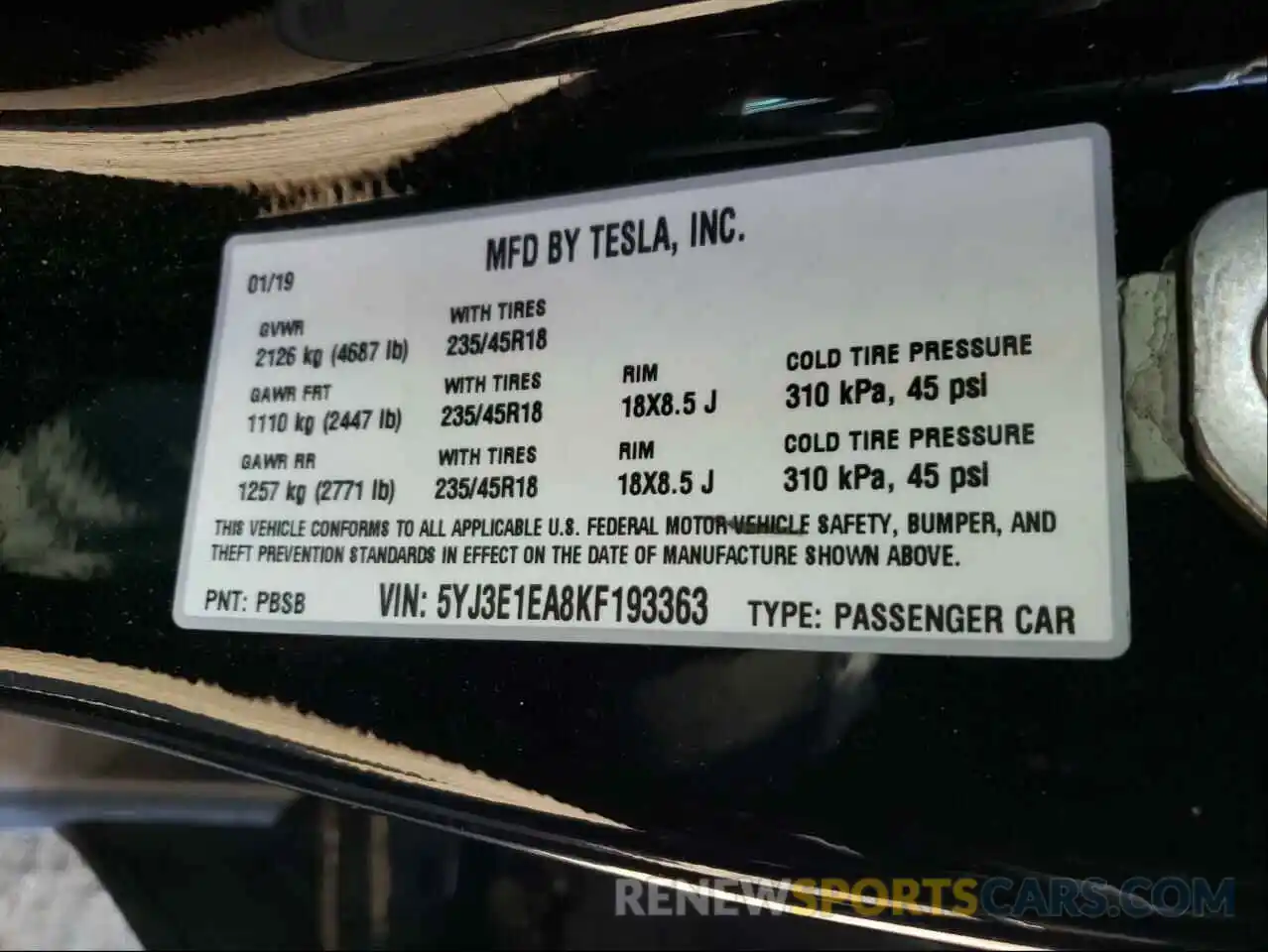 8 Photograph of a damaged car 5YJ3E1EA8KF193363 TESLA MODEL 3 2019