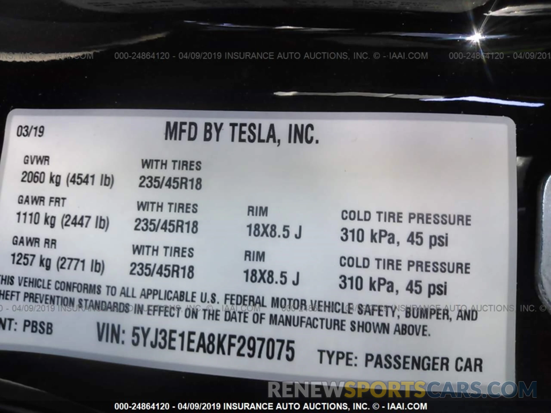 9 Photograph of a damaged car 5YJ3E1EA8KF297075 TESLA MODEL 3 2019