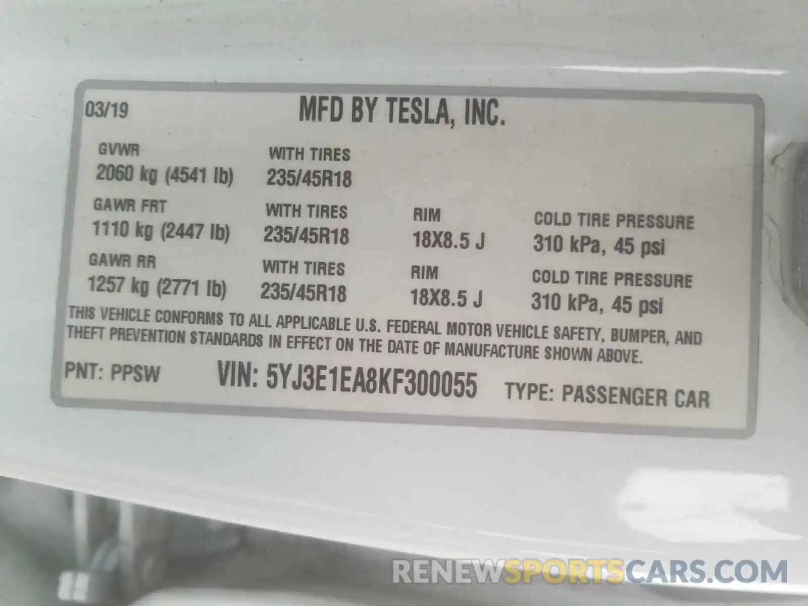 10 Photograph of a damaged car 5YJ3E1EA8KF300055 TESLA MODEL 3 2019