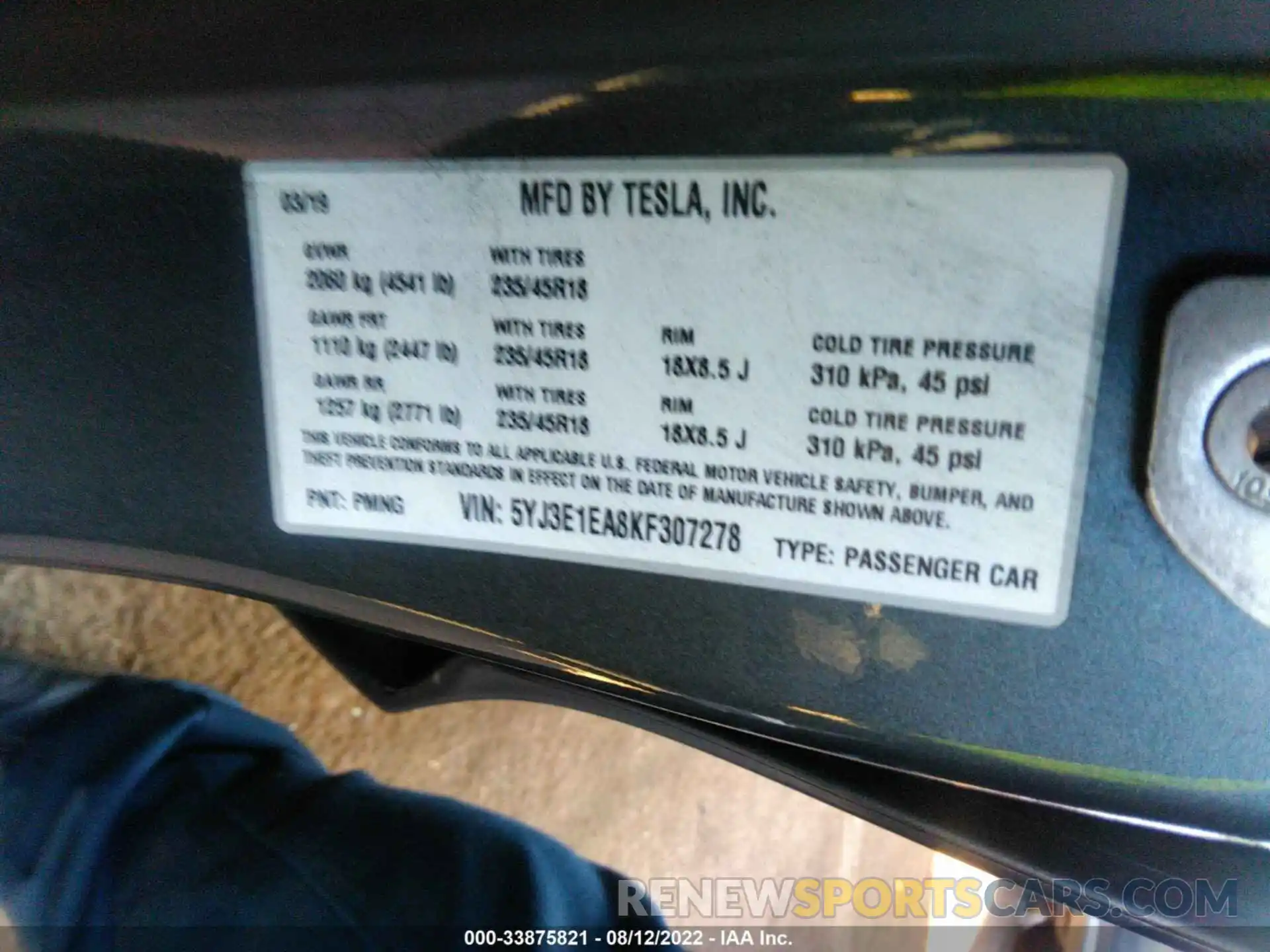 9 Photograph of a damaged car 5YJ3E1EA8KF307278 TESLA MODEL 3 2019