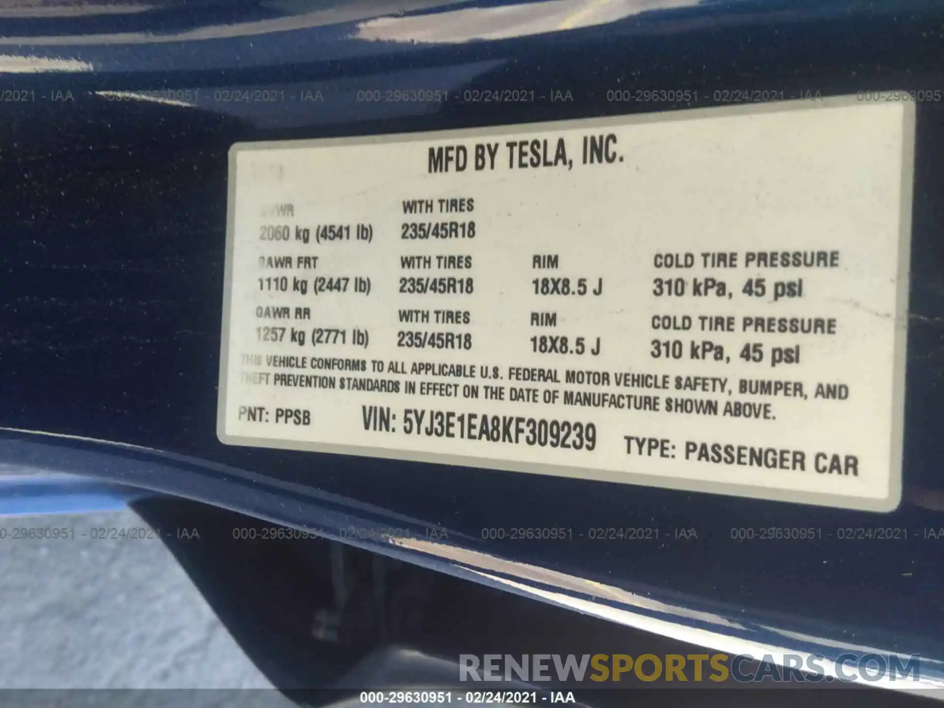 9 Фотография поврежденного автомобиля 5YJ3E1EA8KF309239 TESLA MODEL 3 2019