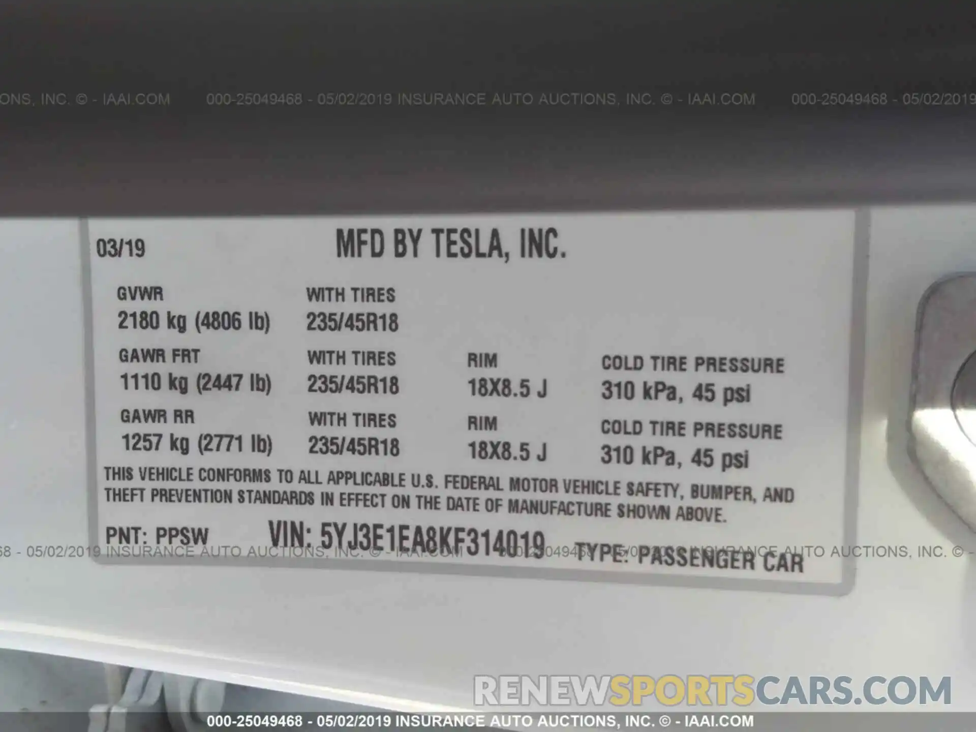 9 Photograph of a damaged car 5YJ3E1EA8KF314019 TESLA MODEL 3 2019