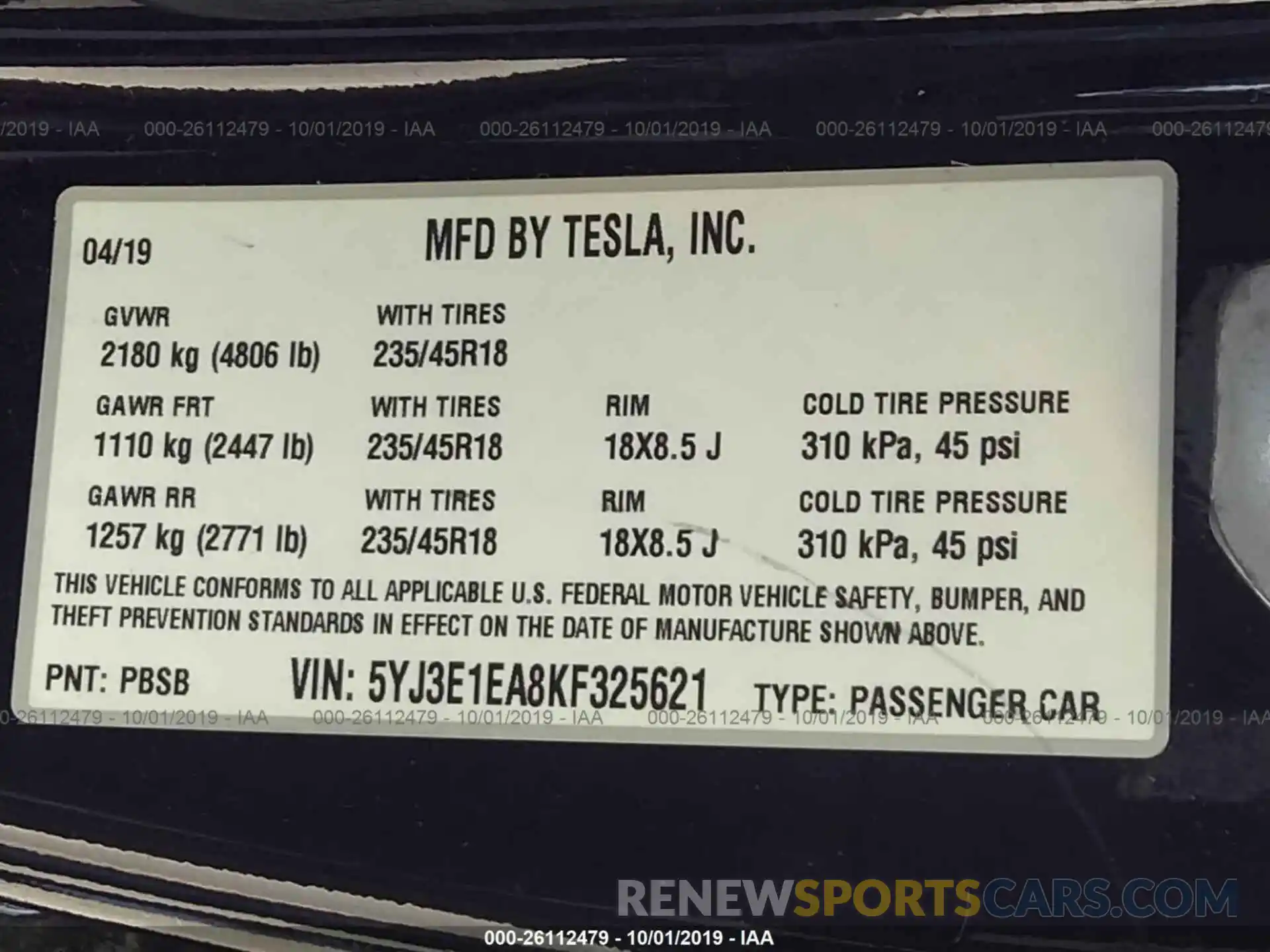 9 Фотография поврежденного автомобиля 5YJ3E1EA8KF325621 TESLA MODEL 3 2019