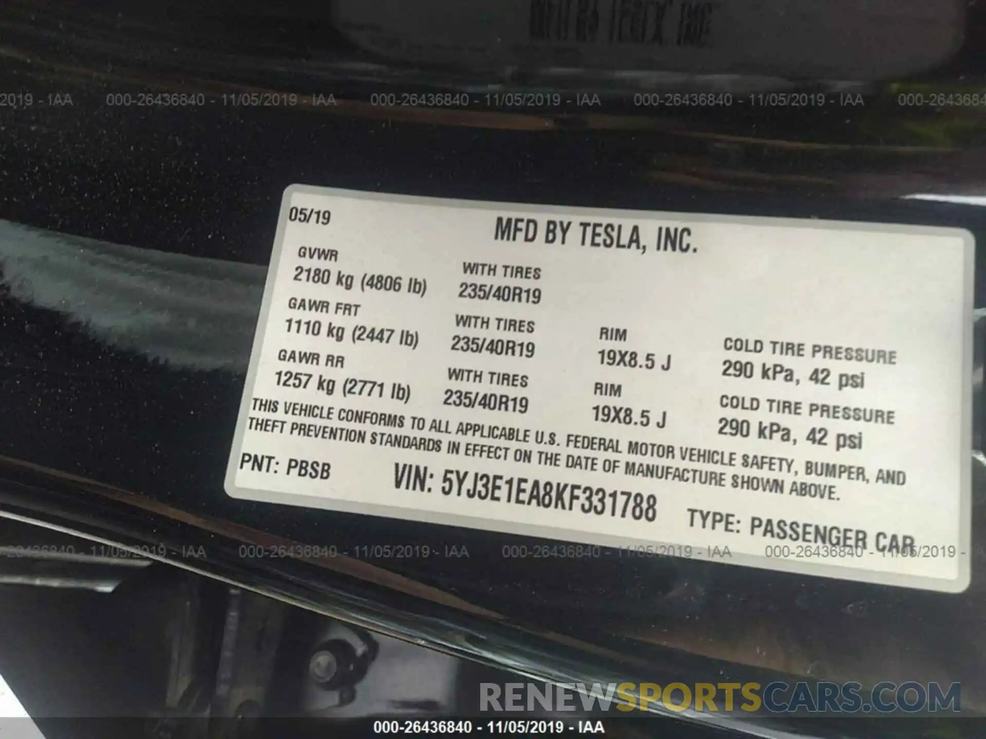 9 Photograph of a damaged car 5YJ3E1EA8KF331788 TESLA MODEL 3 2019