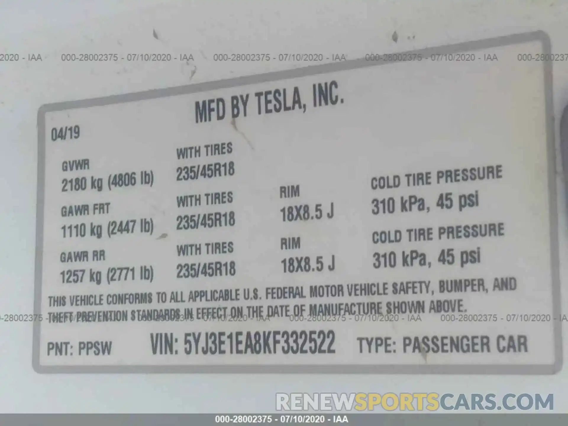 9 Фотография поврежденного автомобиля 5YJ3E1EA8KF332522 TESLA MODEL 3 2019