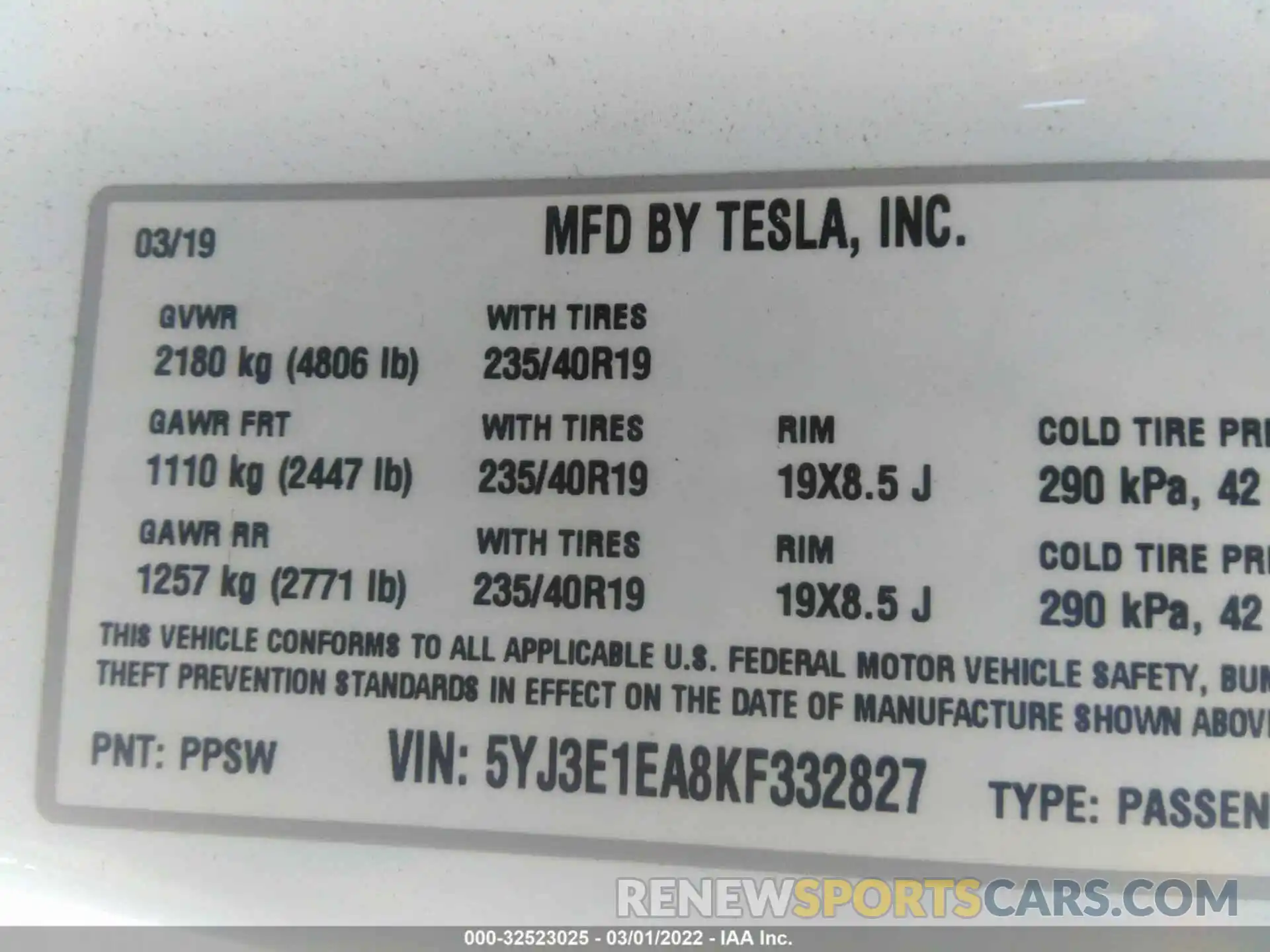 9 Photograph of a damaged car 5YJ3E1EA8KF332827 TESLA MODEL 3 2019