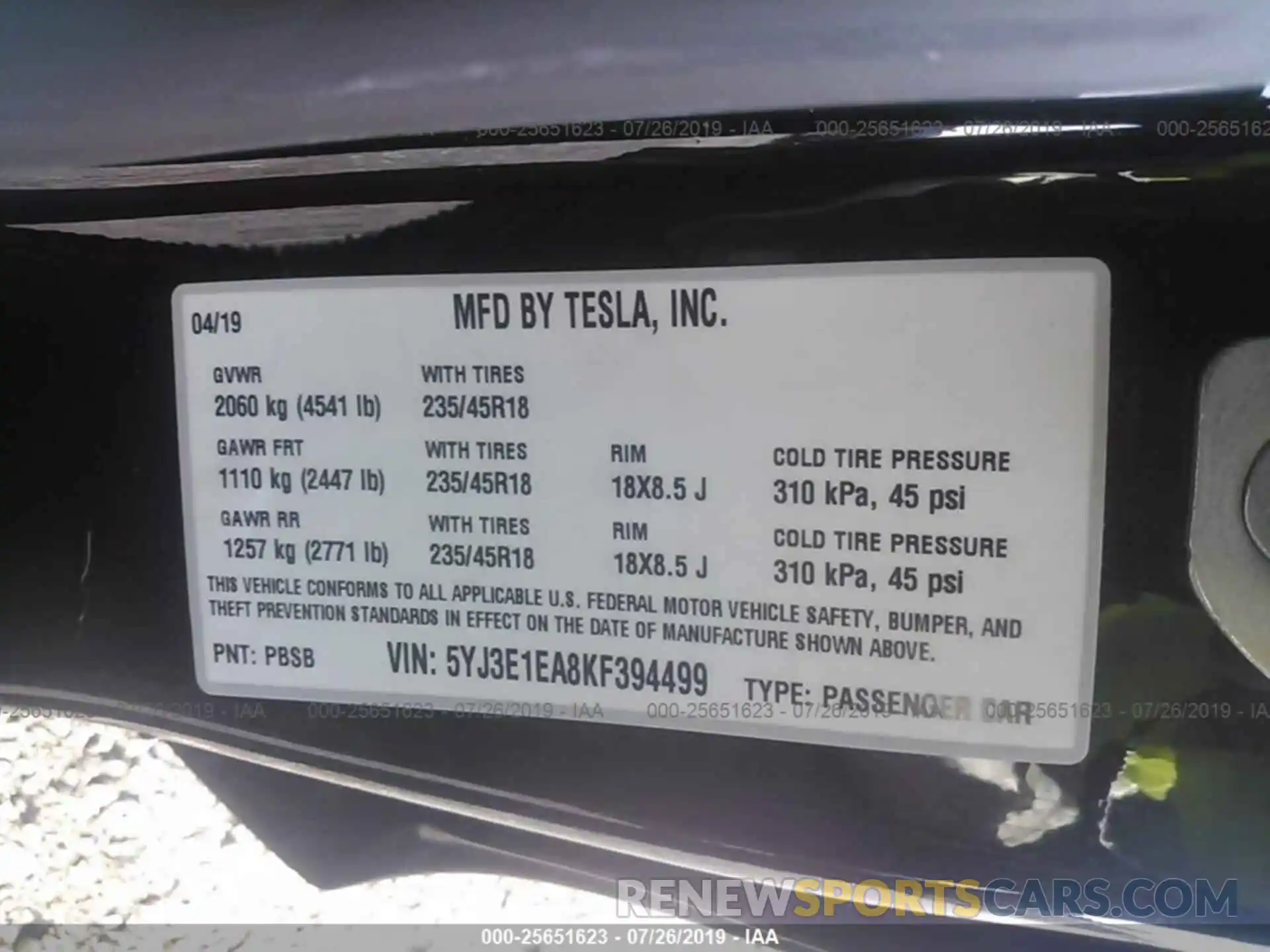 9 Фотография поврежденного автомобиля 5YJ3E1EA8KF394499 TESLA MODEL 3 2019