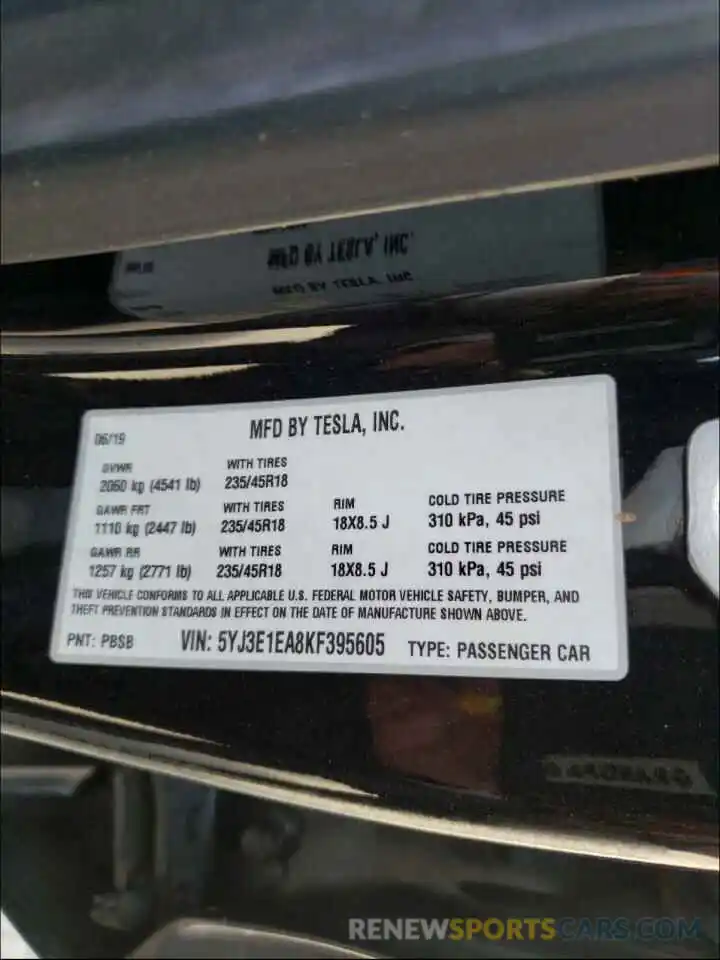 10 Photograph of a damaged car 5YJ3E1EA8KF395605 TESLA MODEL 3 2019