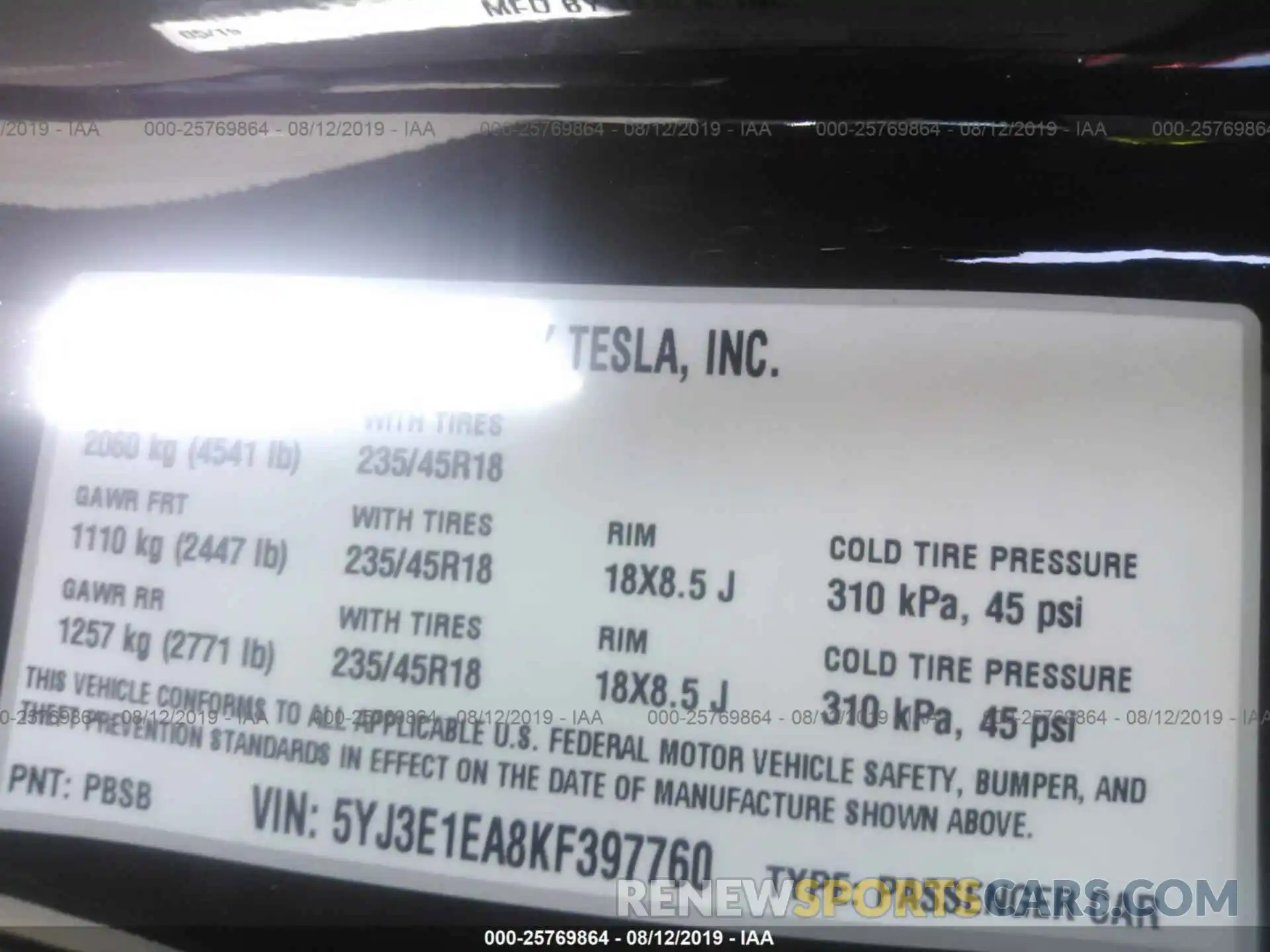 9 Photograph of a damaged car 5YJ3E1EA8KF397760 TESLA MODEL 3 2019