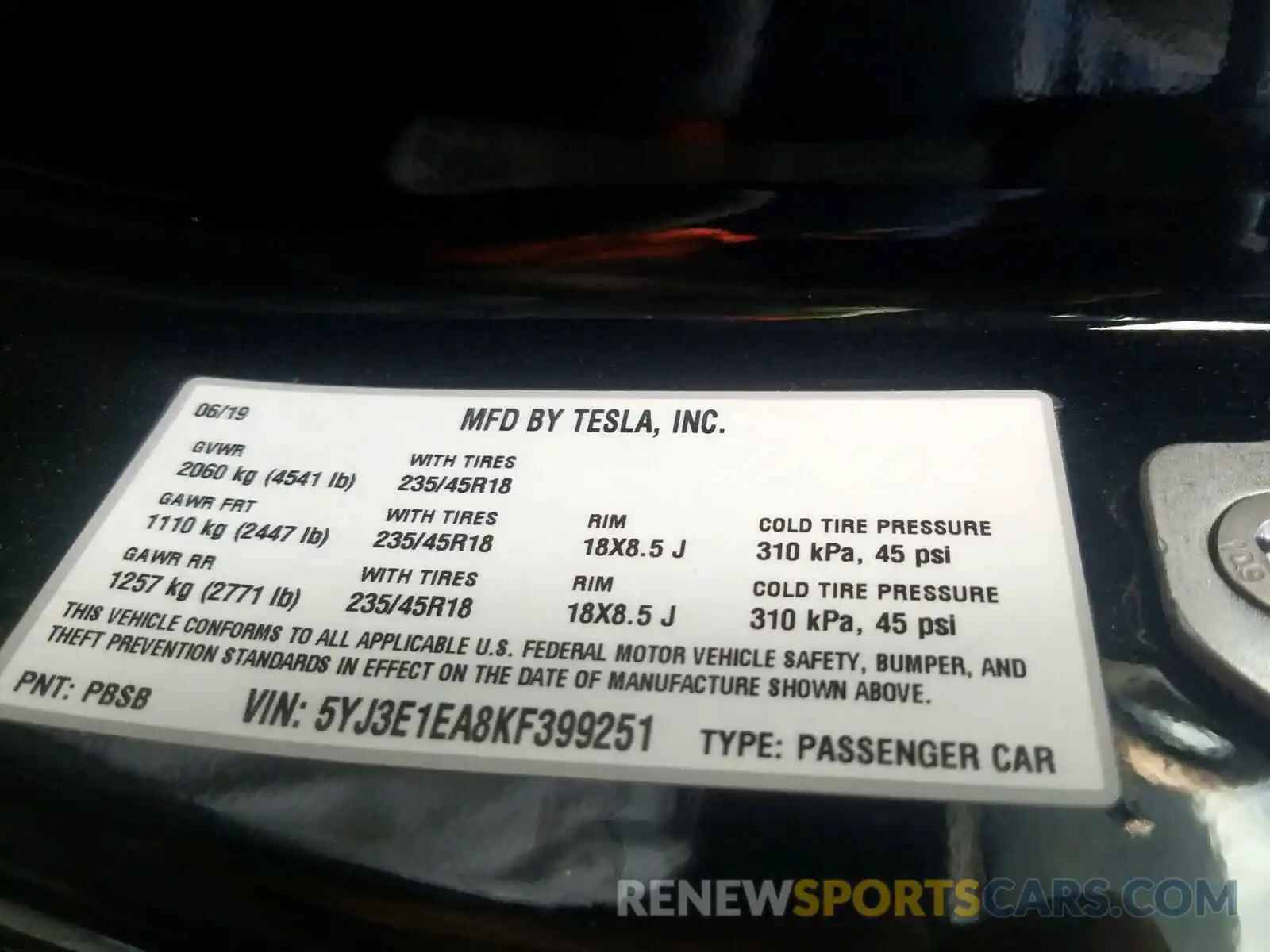 10 Photograph of a damaged car 5YJ3E1EA8KF399251 TESLA MODEL 3 2019