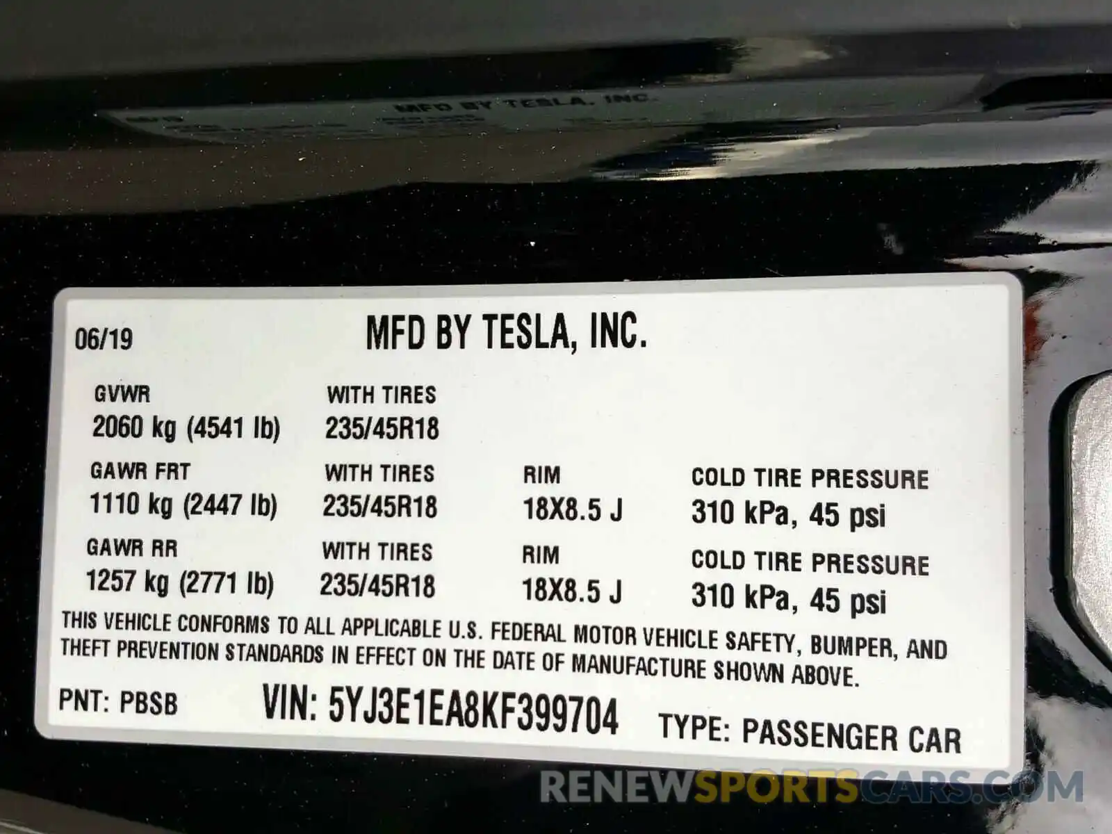 10 Photograph of a damaged car 5YJ3E1EA8KF399704 TESLA MODEL 3 2019