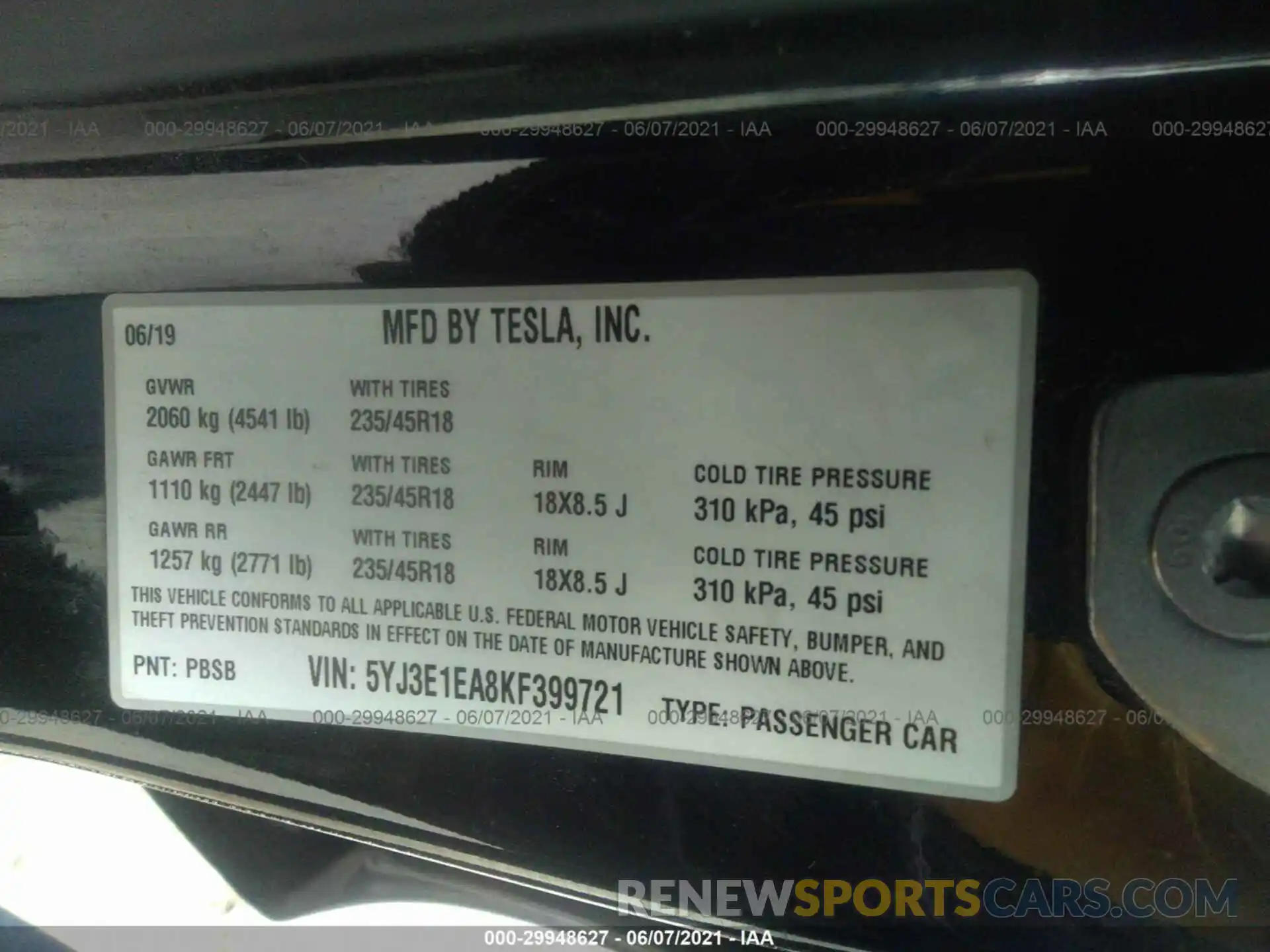 9 Photograph of a damaged car 5YJ3E1EA8KF399721 TESLA MODEL 3 2019