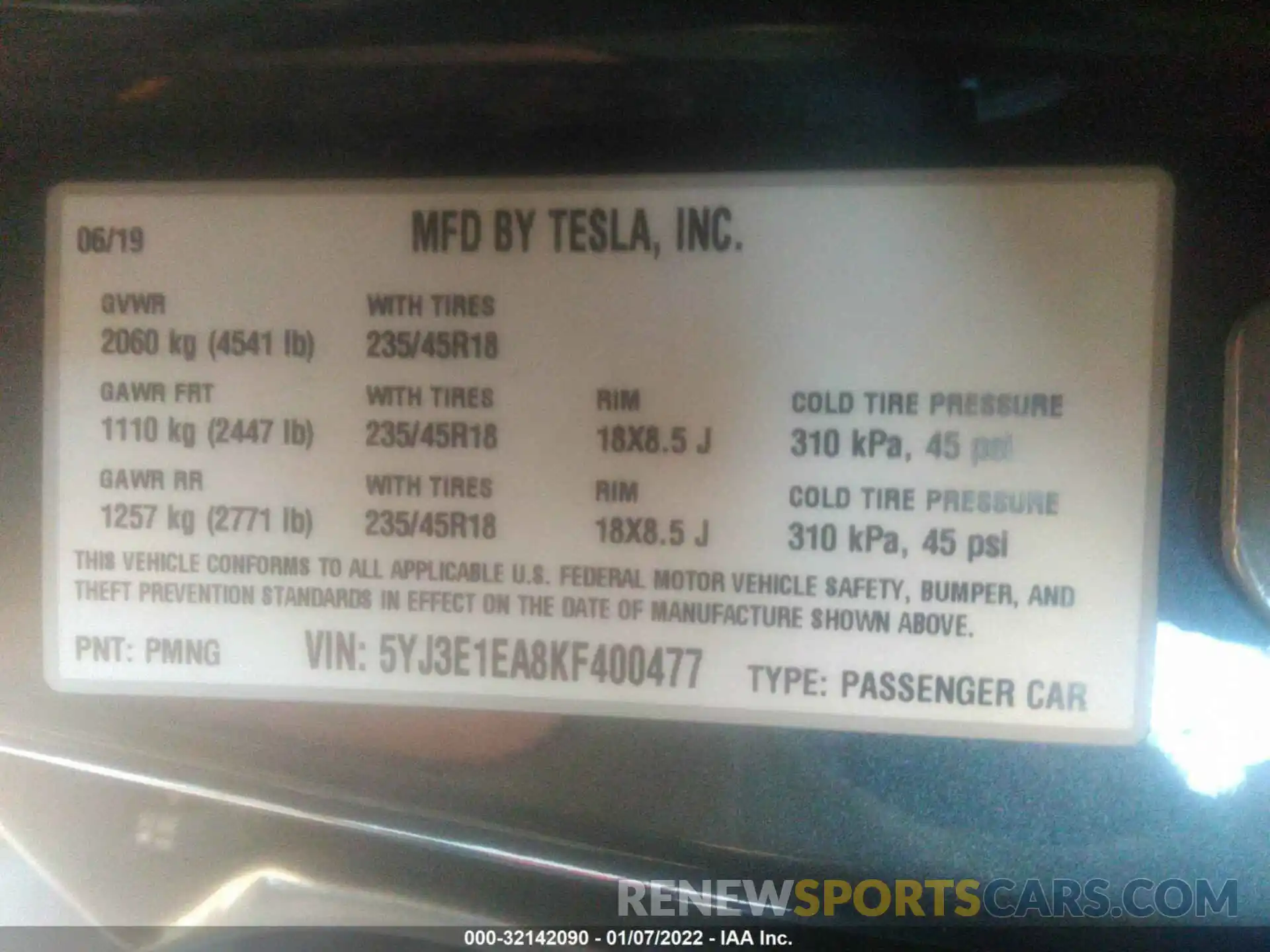 9 Photograph of a damaged car 5YJ3E1EA8KF400477 TESLA MODEL 3 2019