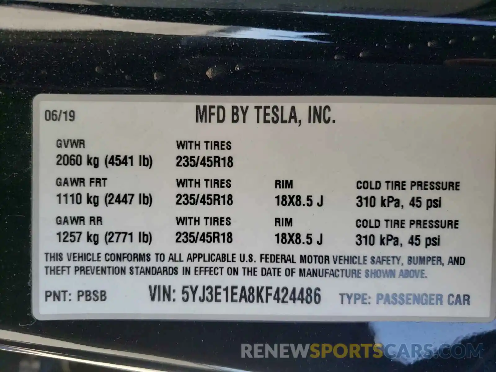 10 Photograph of a damaged car 5YJ3E1EA8KF424486 TESLA MODEL 3 2019