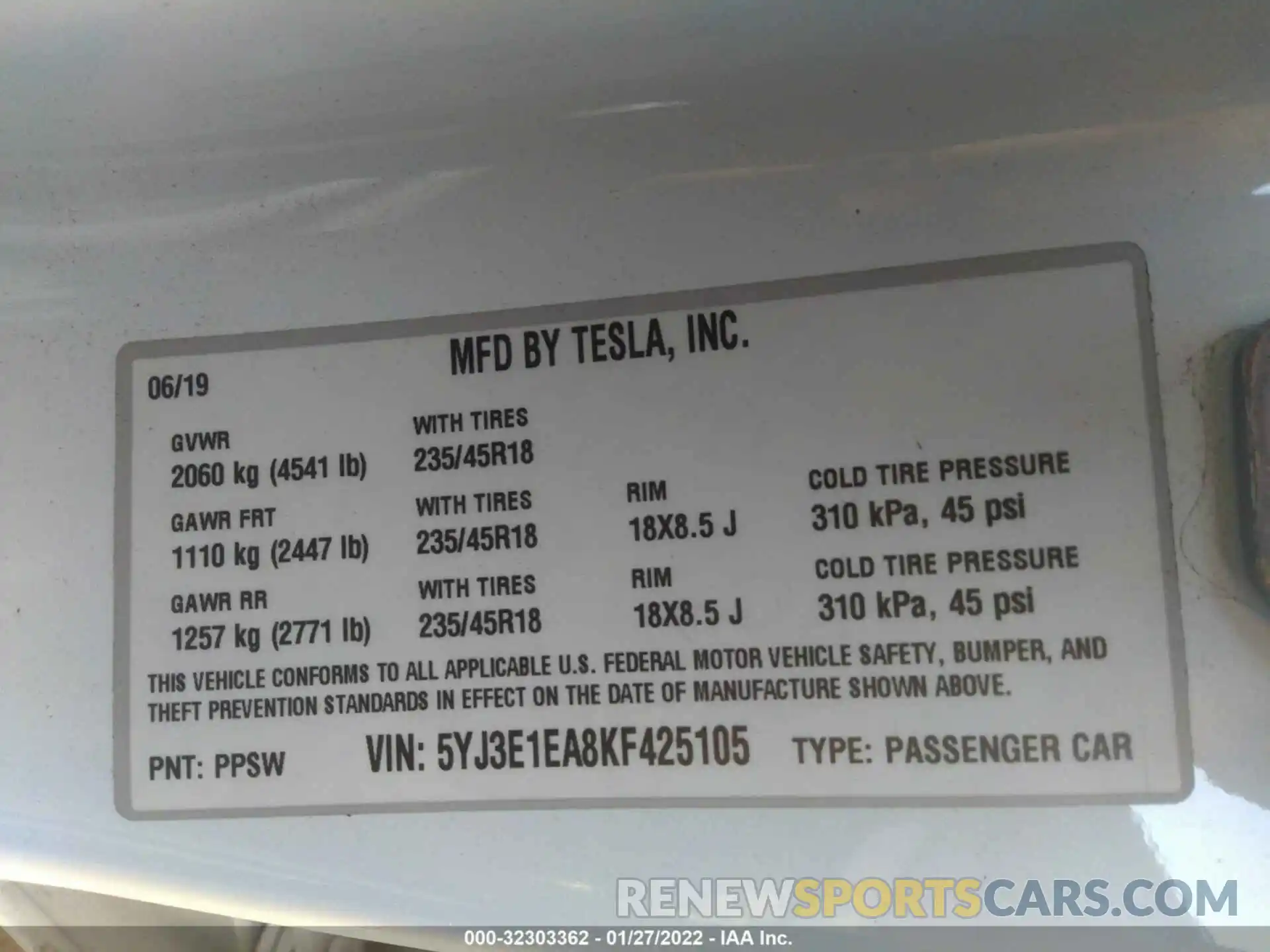 9 Фотография поврежденного автомобиля 5YJ3E1EA8KF425105 TESLA MODEL 3 2019