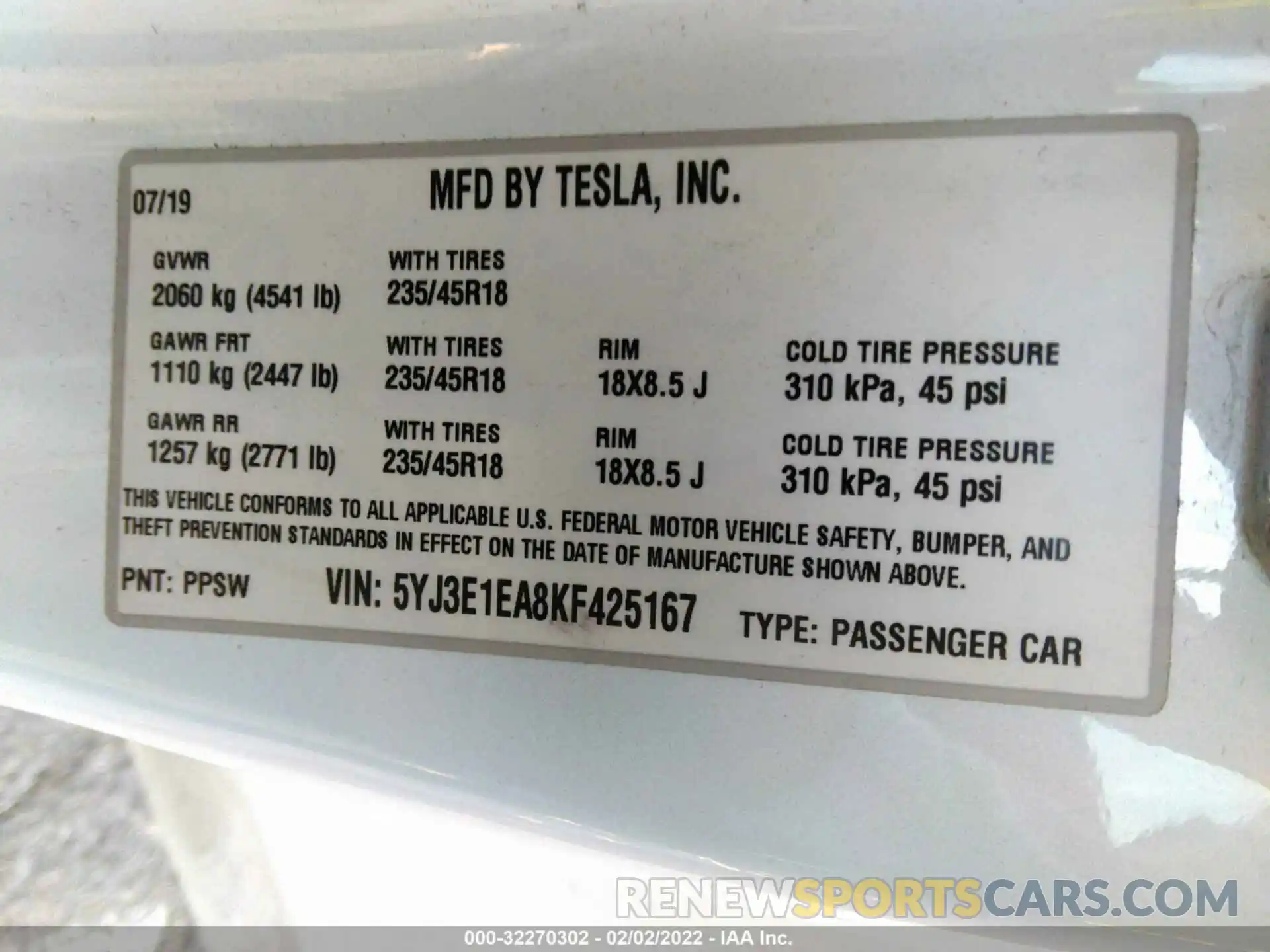 9 Photograph of a damaged car 5YJ3E1EA8KF425167 TESLA MODEL 3 2019