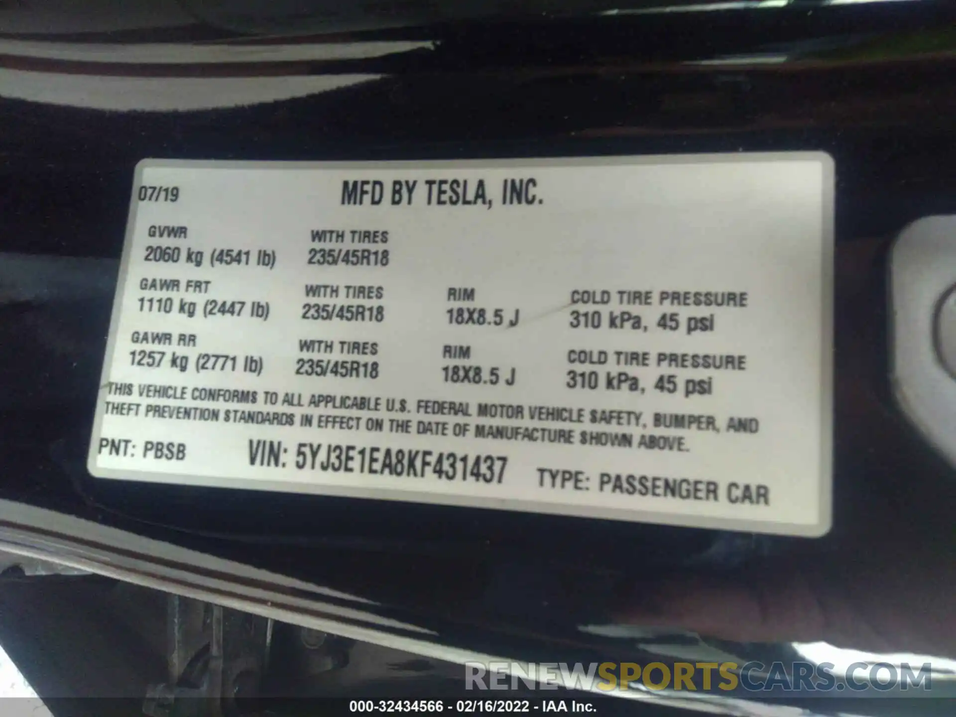 9 Photograph of a damaged car 5YJ3E1EA8KF431437 TESLA MODEL 3 2019