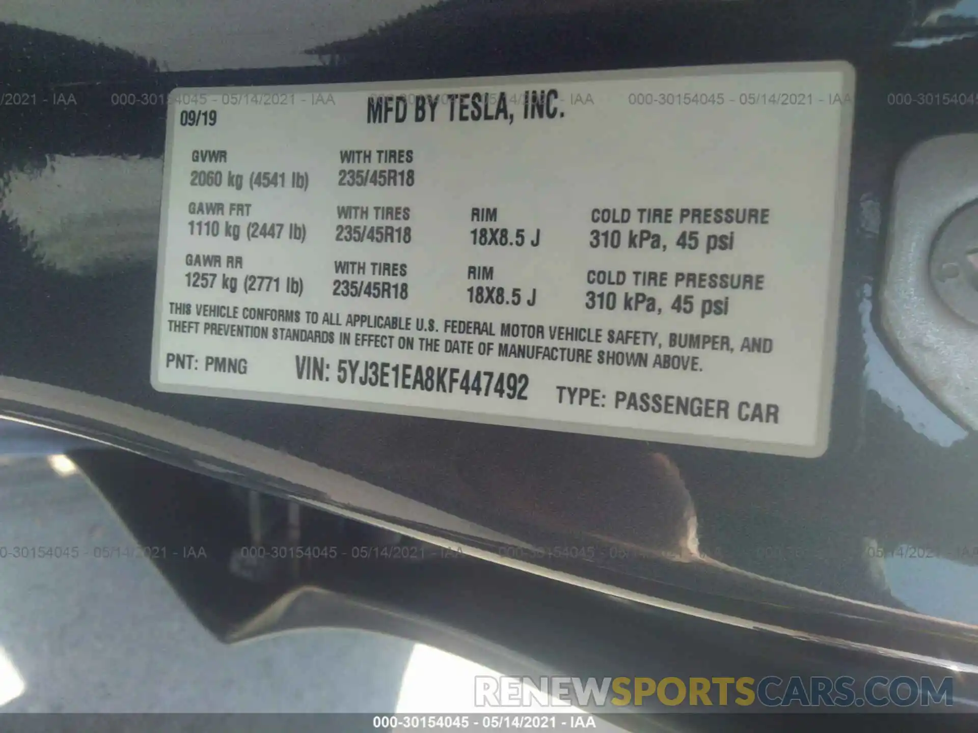 9 Photograph of a damaged car 5YJ3E1EA8KF447492 TESLA MODEL 3 2019