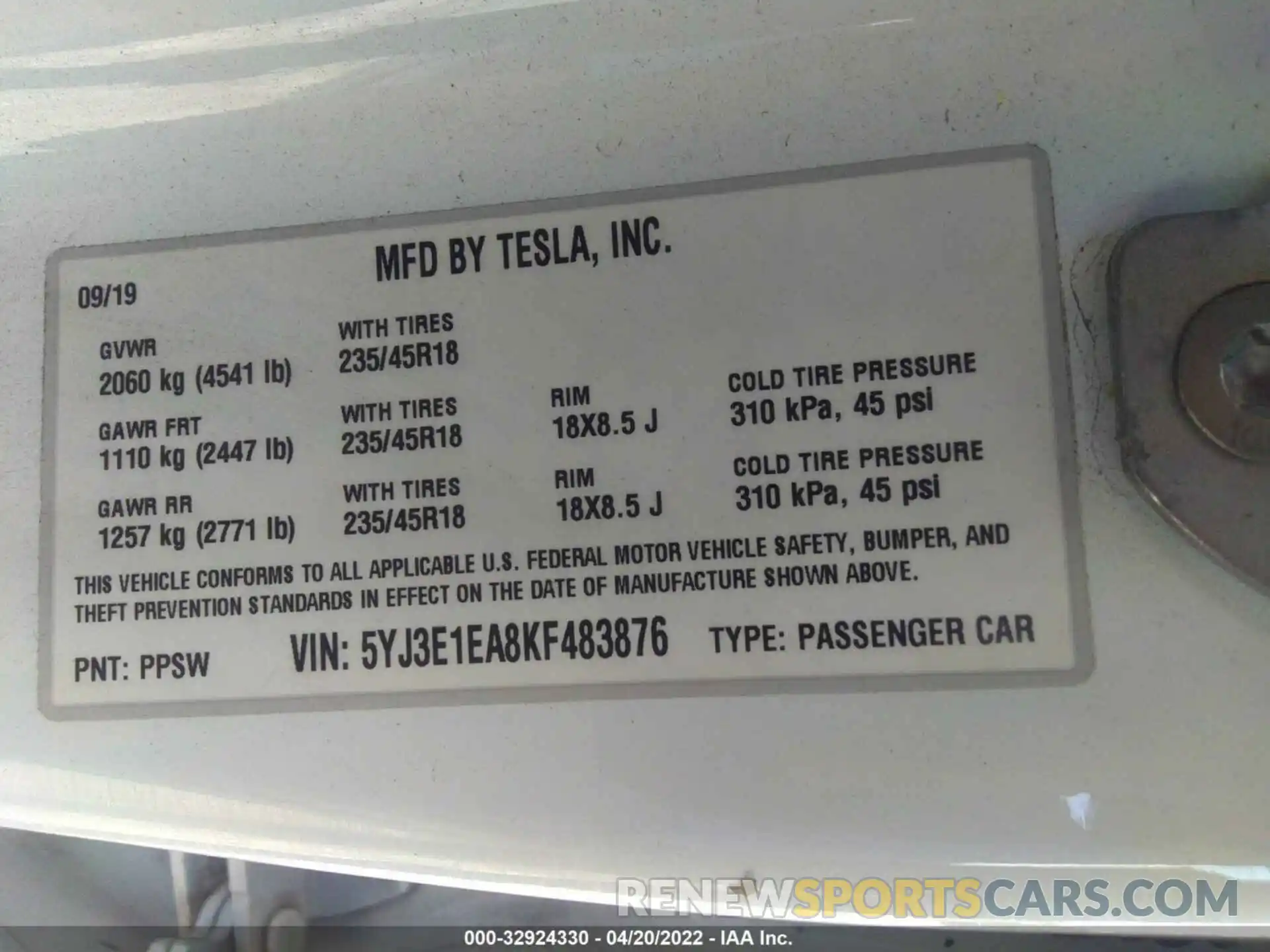 9 Фотография поврежденного автомобиля 5YJ3E1EA8KF483876 TESLA MODEL 3 2019