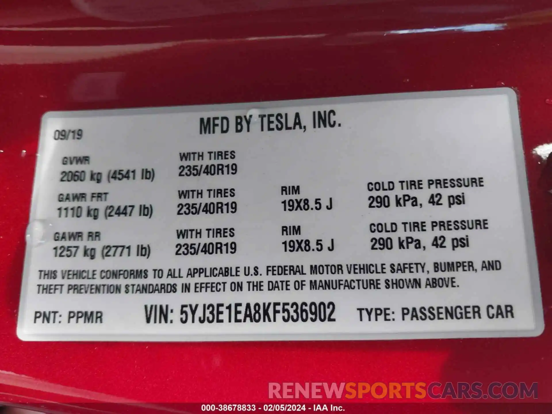 9 Photograph of a damaged car 5YJ3E1EA8KF536902 TESLA MODEL 3 2019