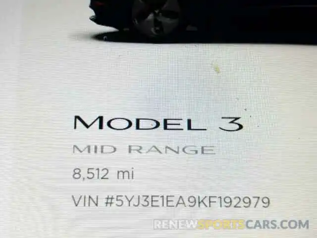 8 Photograph of a damaged car 5YJ3E1EA9KF192979 TESLA MODEL 3 2019