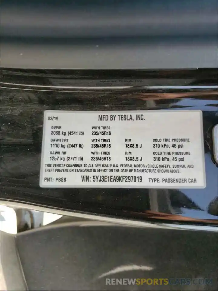 10 Photograph of a damaged car 5YJ3E1EA9KF297019 TESLA MODEL 3 2019