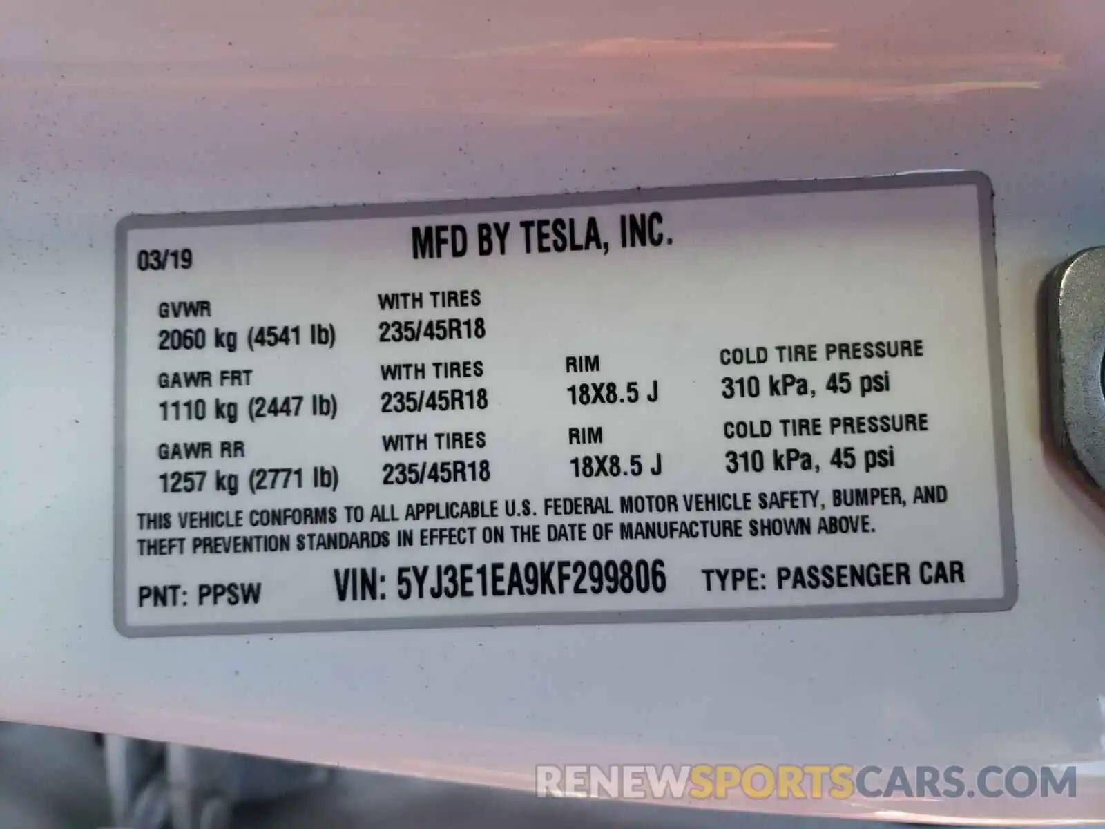 10 Photograph of a damaged car 5YJ3E1EA9KF299806 TESLA MODEL 3 2019