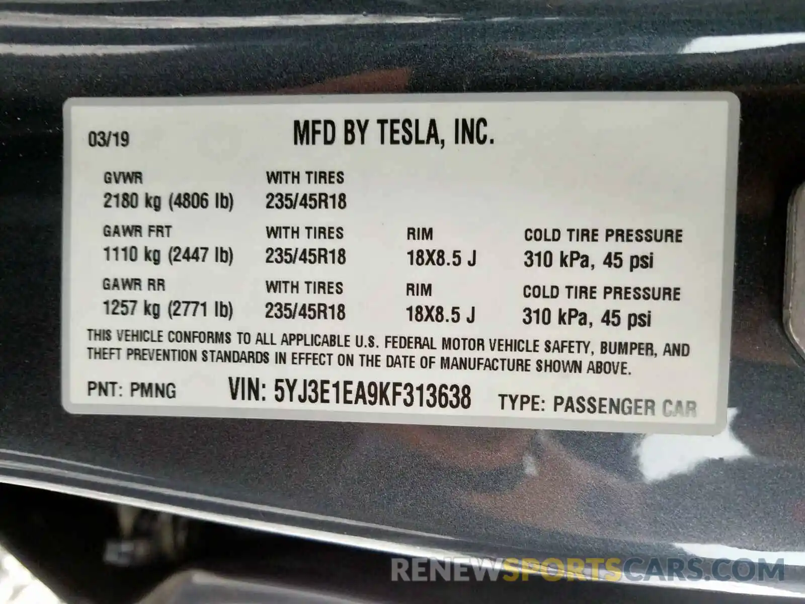 9 Photograph of a damaged car 5YJ3E1EA9KF313638 TESLA MODEL 3 2019