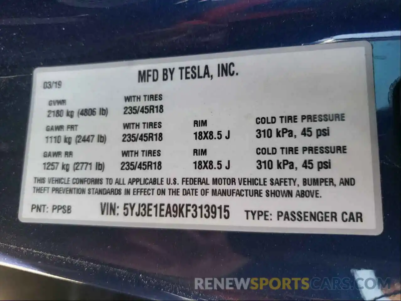 10 Photograph of a damaged car 5YJ3E1EA9KF313915 TESLA MODEL 3 2019