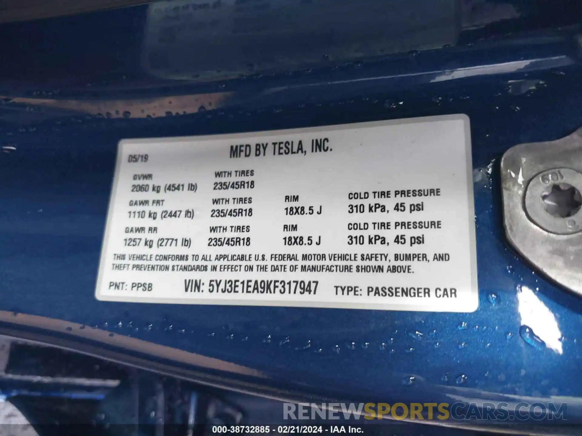 9 Фотография поврежденного автомобиля 5YJ3E1EA9KF317947 TESLA MODEL 3 2019