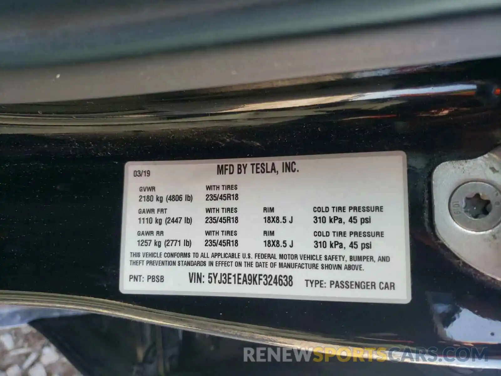 10 Photograph of a damaged car 5YJ3E1EA9KF324638 TESLA MODEL 3 2019