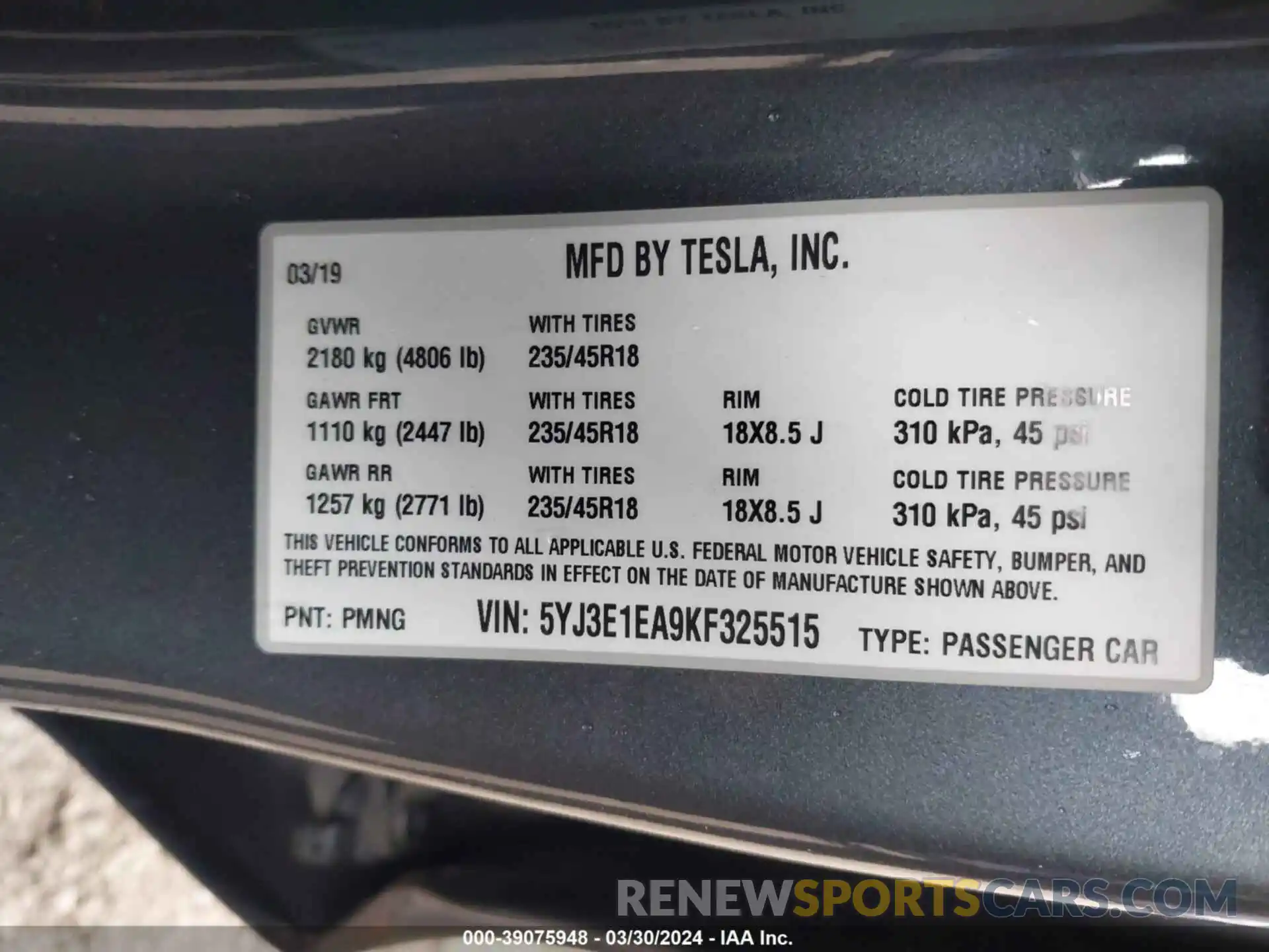 9 Photograph of a damaged car 5YJ3E1EA9KF325515 TESLA MODEL 3 2019