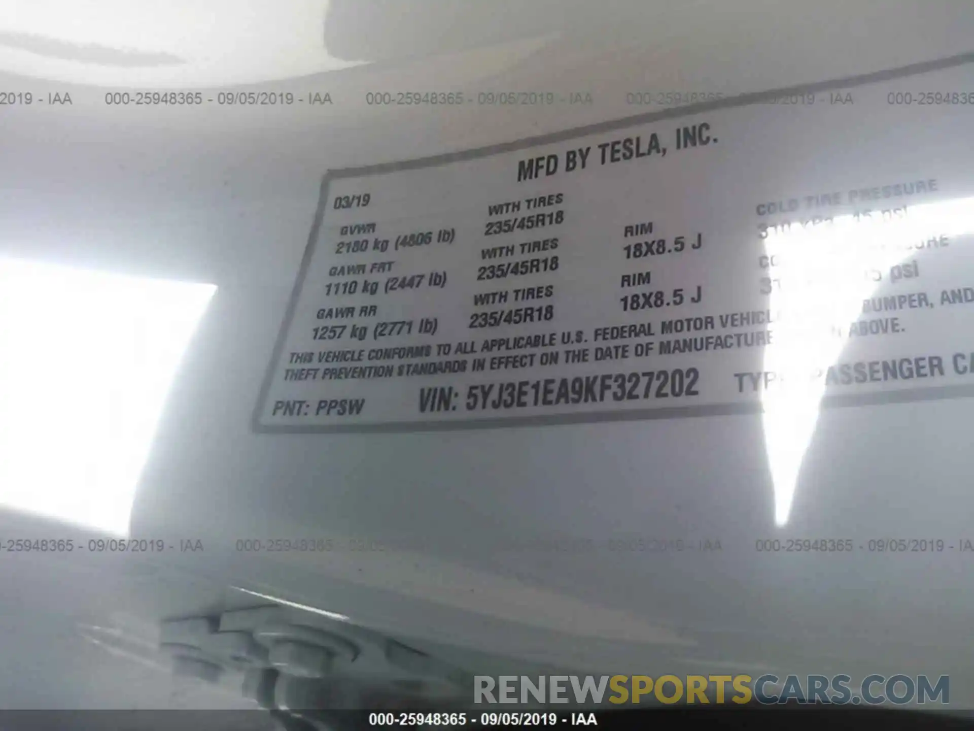 9 Photograph of a damaged car 5YJ3E1EA9KF327202 TESLA MODEL 3 2019