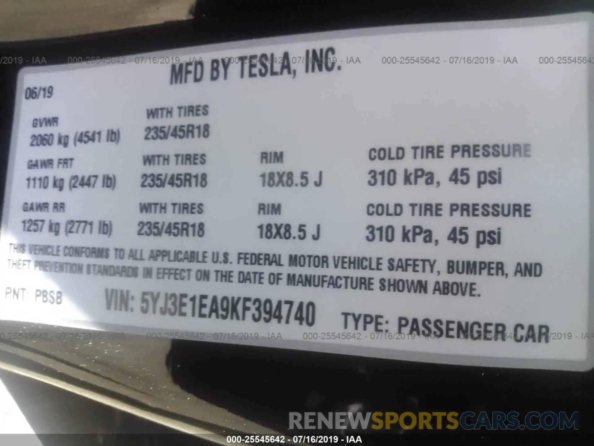 9 Photograph of a damaged car 5YJ3E1EA9KF394740 TESLA MODEL 3 2019