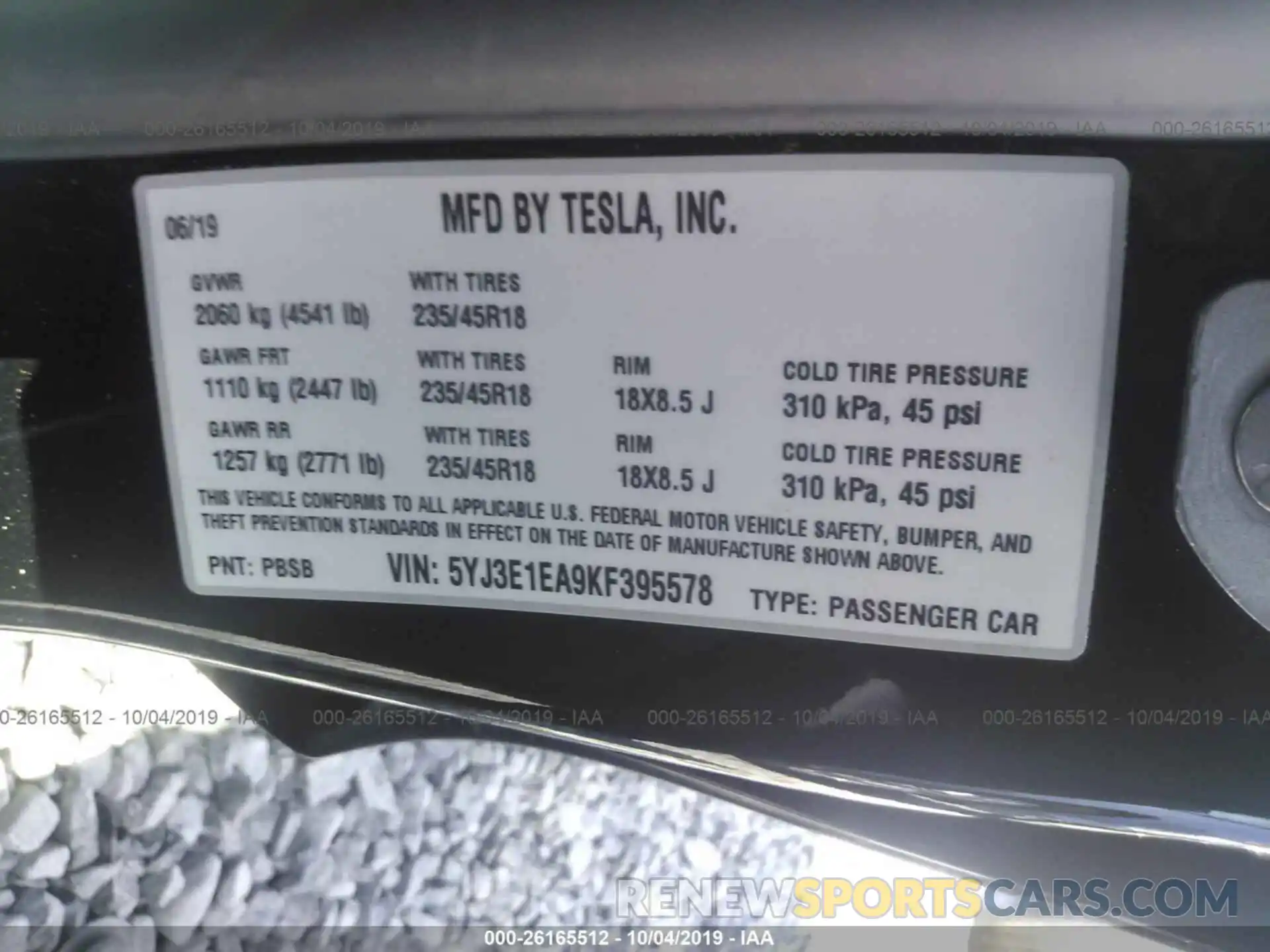 9 Photograph of a damaged car 5YJ3E1EA9KF395578 TESLA MODEL 3 2019