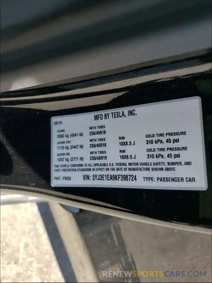 10 Photograph of a damaged car 5YJ3E1EA9KF398724 TESLA MODEL 3 2019