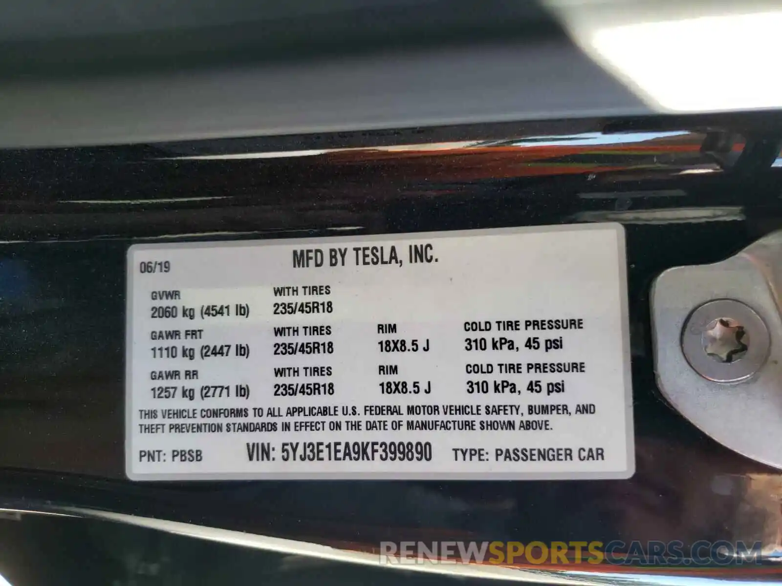 10 Photograph of a damaged car 5YJ3E1EA9KF399890 TESLA MODEL 3 2019