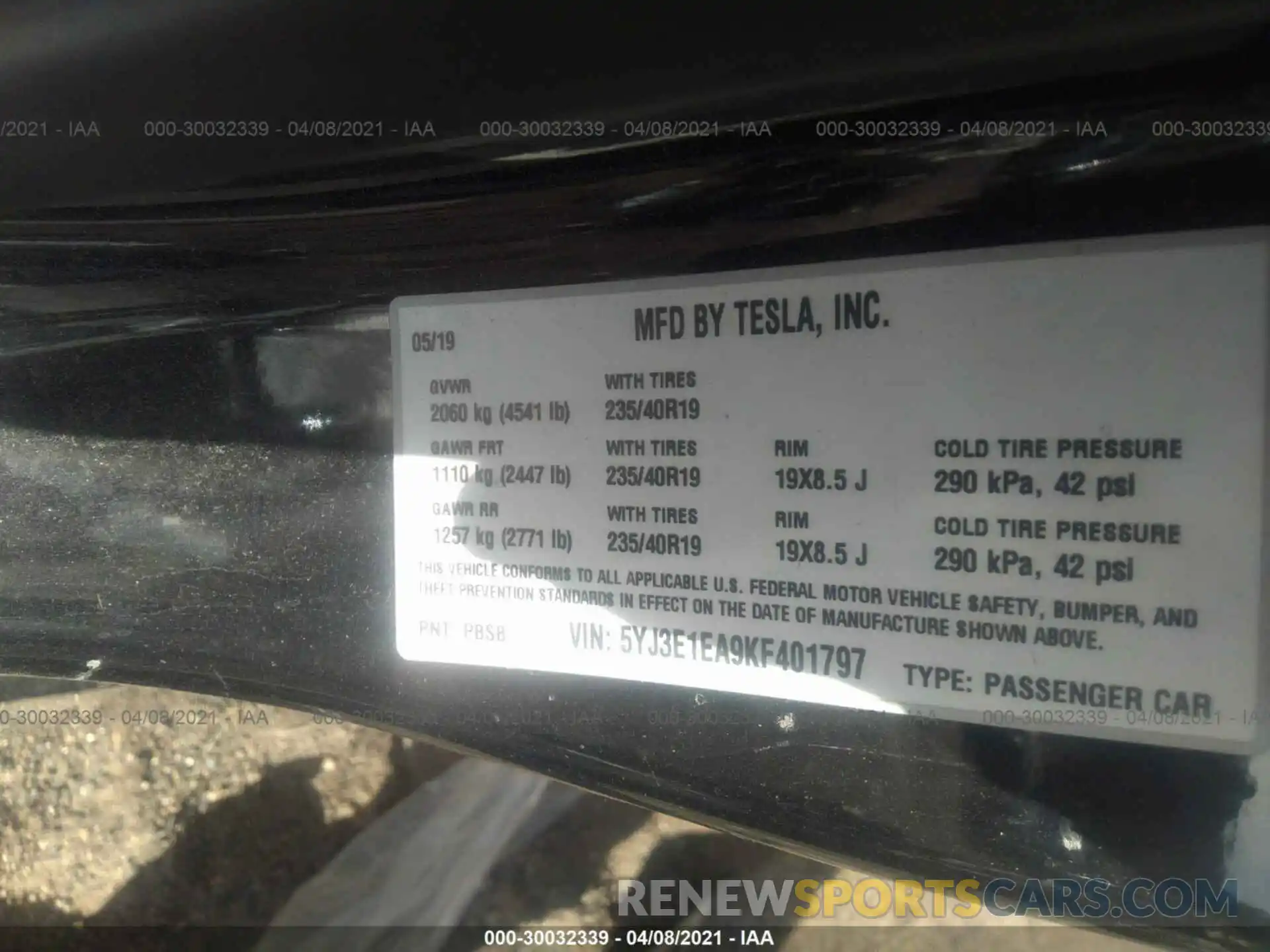 8 Фотография поврежденного автомобиля 5YJ3E1EA9KF401797 TESLA MODEL 3 2019