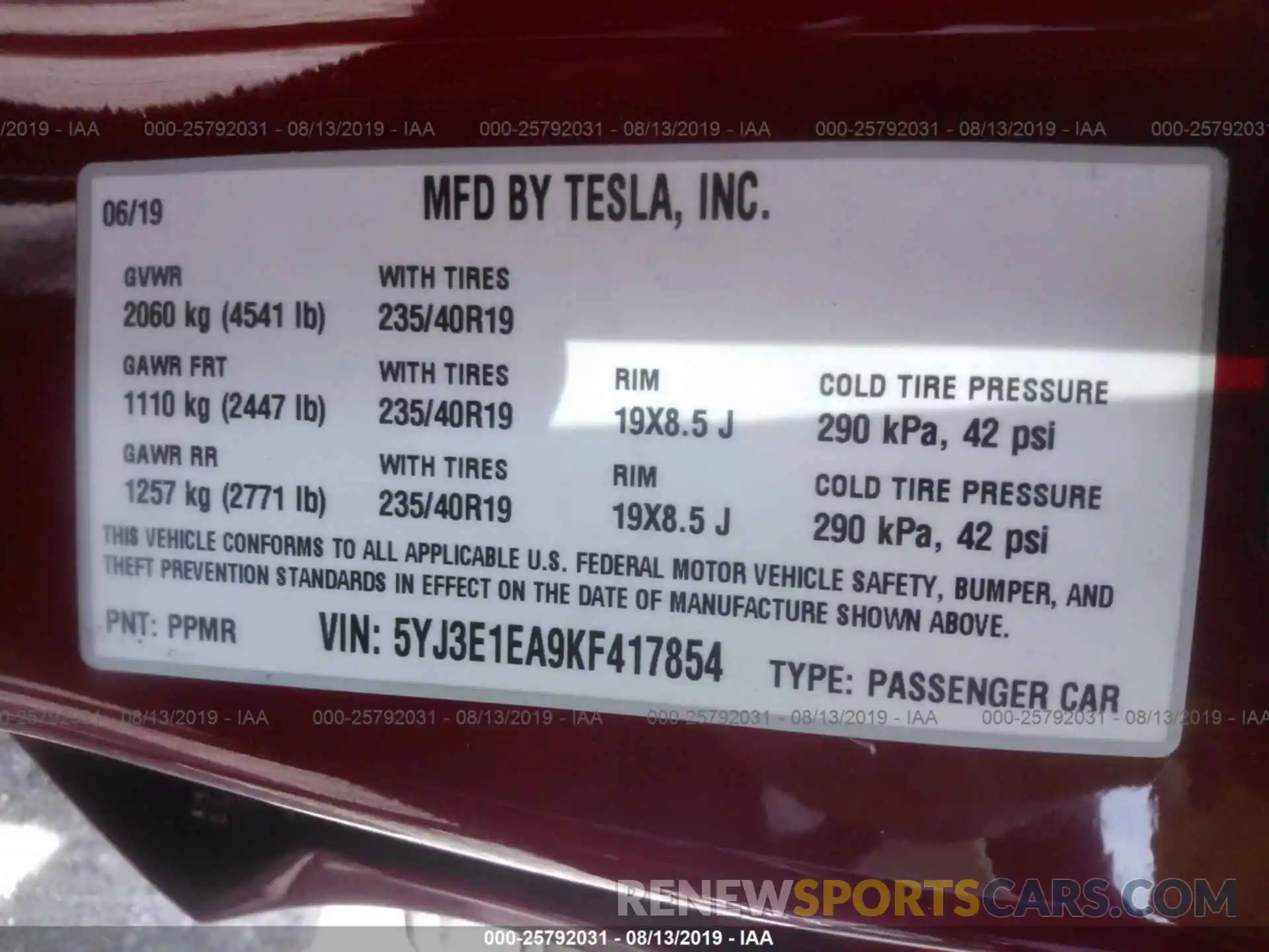 9 Фотография поврежденного автомобиля 5YJ3E1EA9KF417854 TESLA MODEL 3 2019