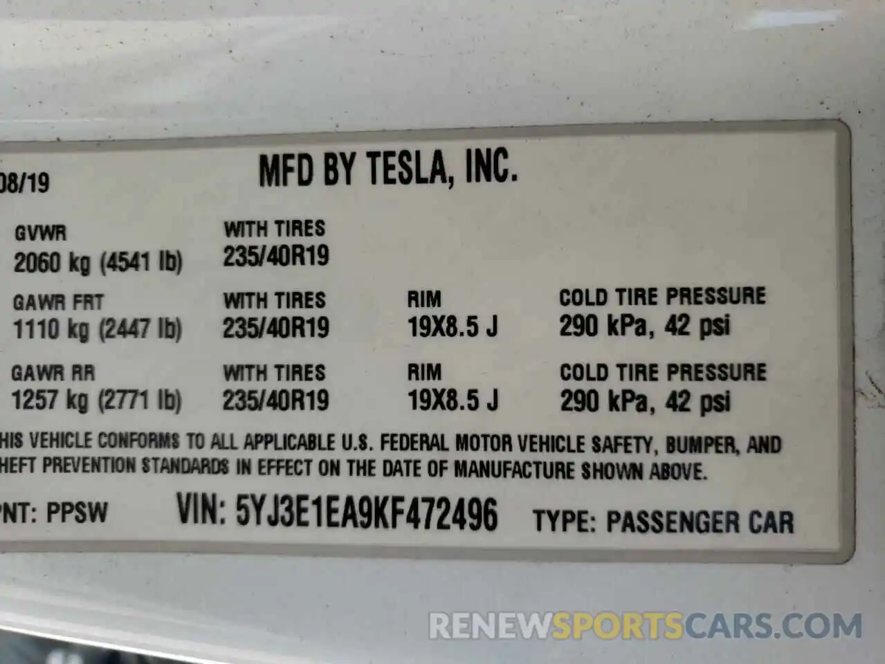 10 Photograph of a damaged car 5YJ3E1EA9KF472496 TESLA MODEL 3 2019