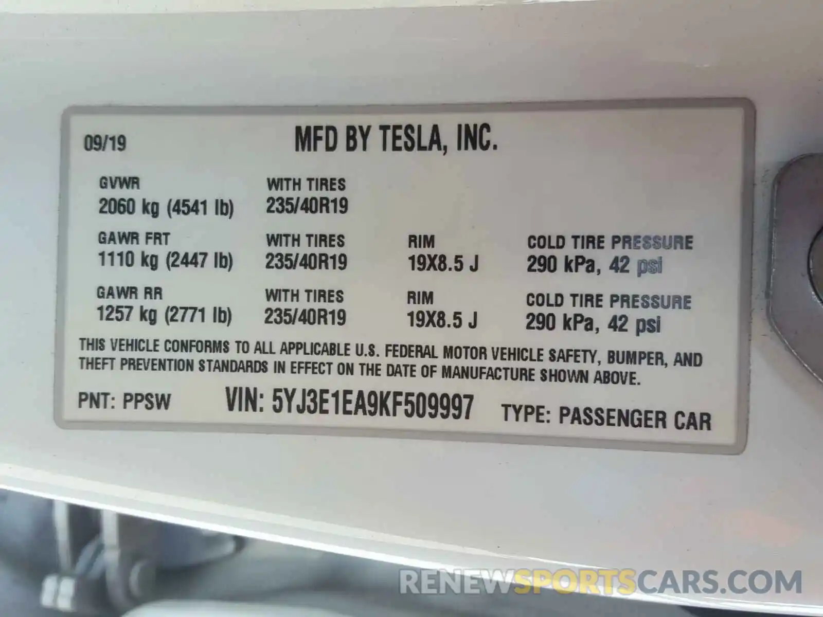 10 Фотография поврежденного автомобиля 5YJ3E1EA9KF509997 TESLA MODEL 3 2019