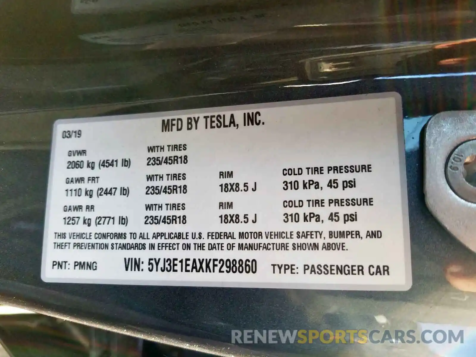 10 Photograph of a damaged car 5YJ3E1EAXKF298860 TESLA MODEL 3 2019