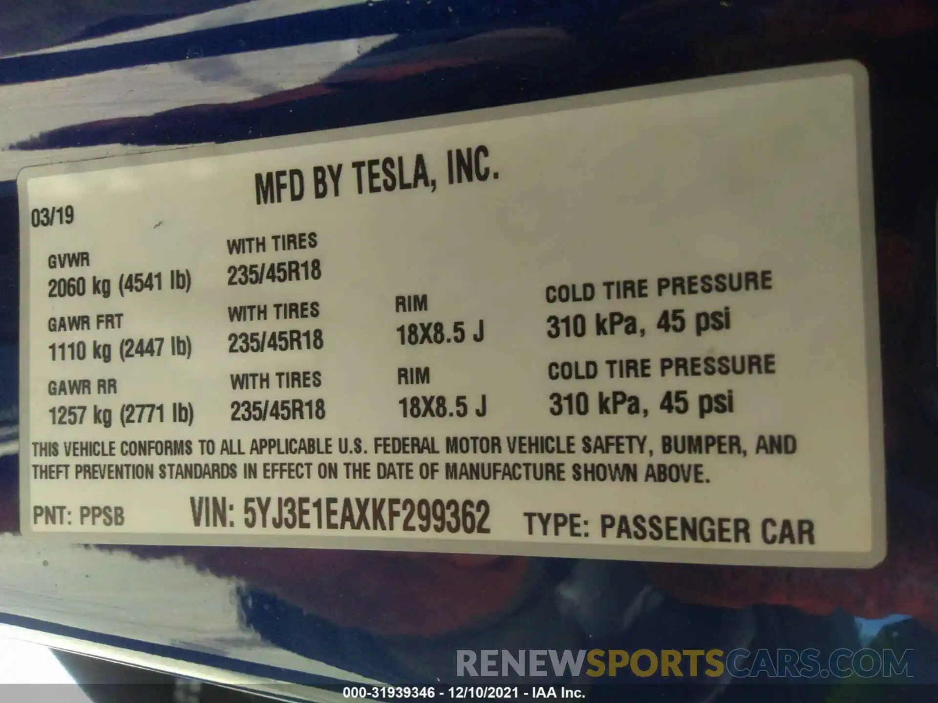 9 Photograph of a damaged car 5YJ3E1EAXKF299362 TESLA MODEL 3 2019