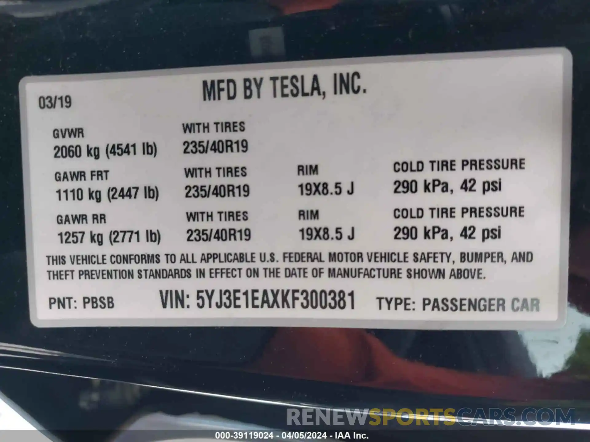 9 Фотография поврежденного автомобиля 5YJ3E1EAXKF300381 TESLA MODEL 3 2019