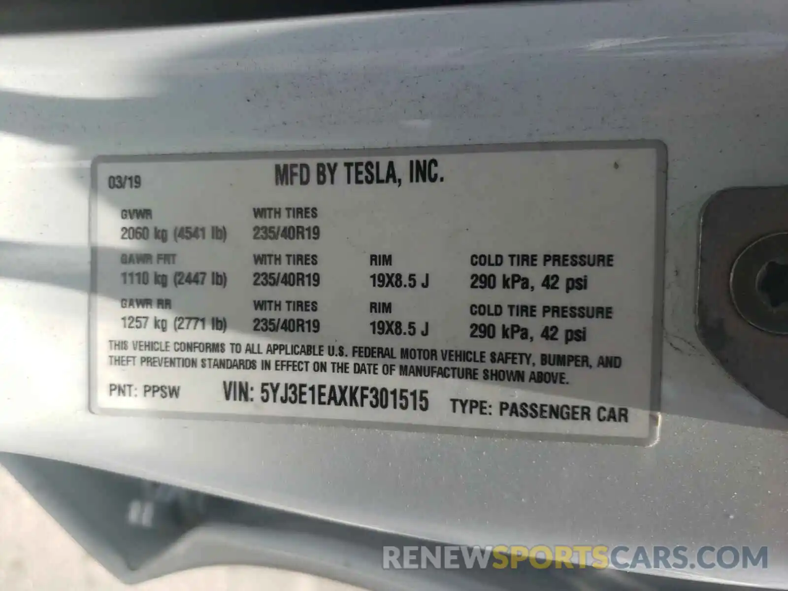 10 Photograph of a damaged car 5YJ3E1EAXKF301515 TESLA MODEL 3 2019