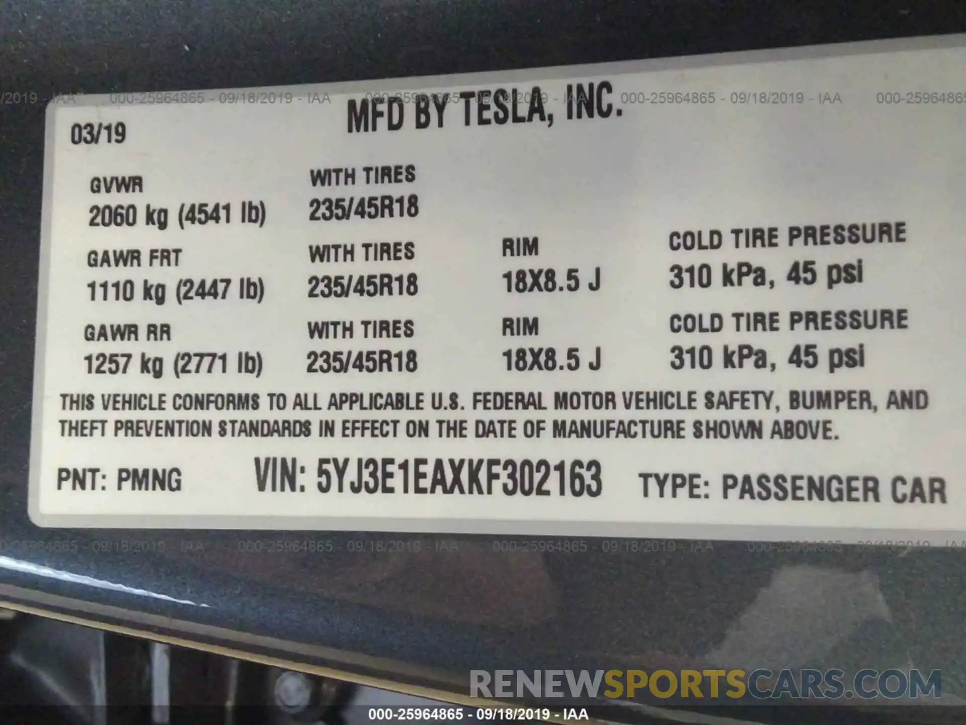 9 Фотография поврежденного автомобиля 5YJ3E1EAXKF302163 TESLA MODEL 3 2019