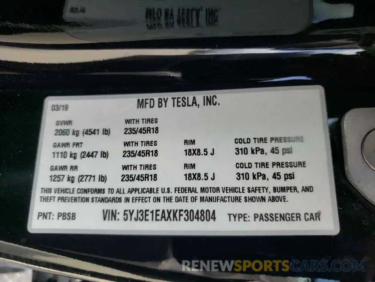 10 Photograph of a damaged car 5YJ3E1EAXKF304804 TESLA MODEL 3 2019