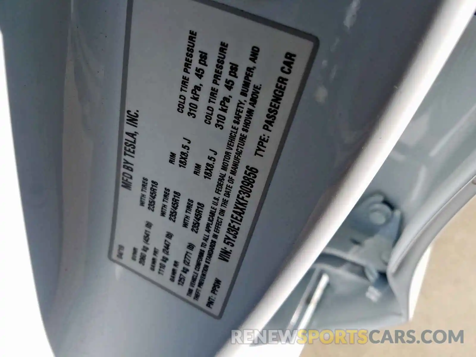 10 Photograph of a damaged car 5YJ3E1EAXKF309856 TESLA MODEL 3 2019